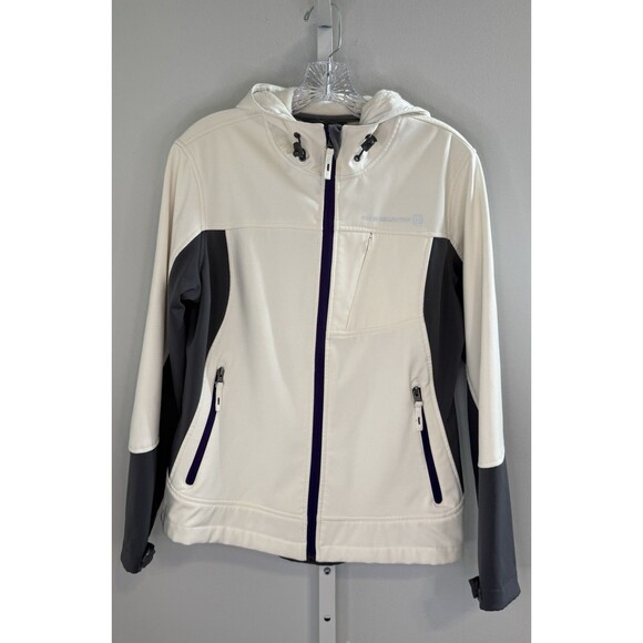 Free Country Women’s Softshell Hooded Jacket Medium White Gray Zip Fleece Lined - Picture 1 of 11